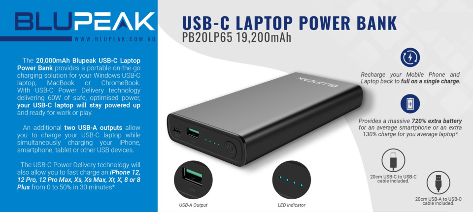 blupeak usb-c laptop power bank 20000 mah pb20lp65