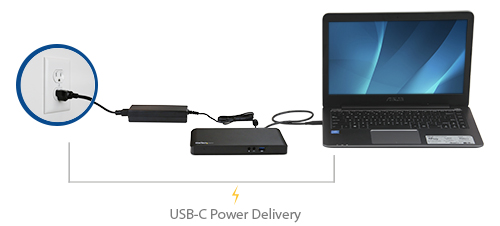 Diagram of the dock connected to and powering a laptop using USB Power Delivery