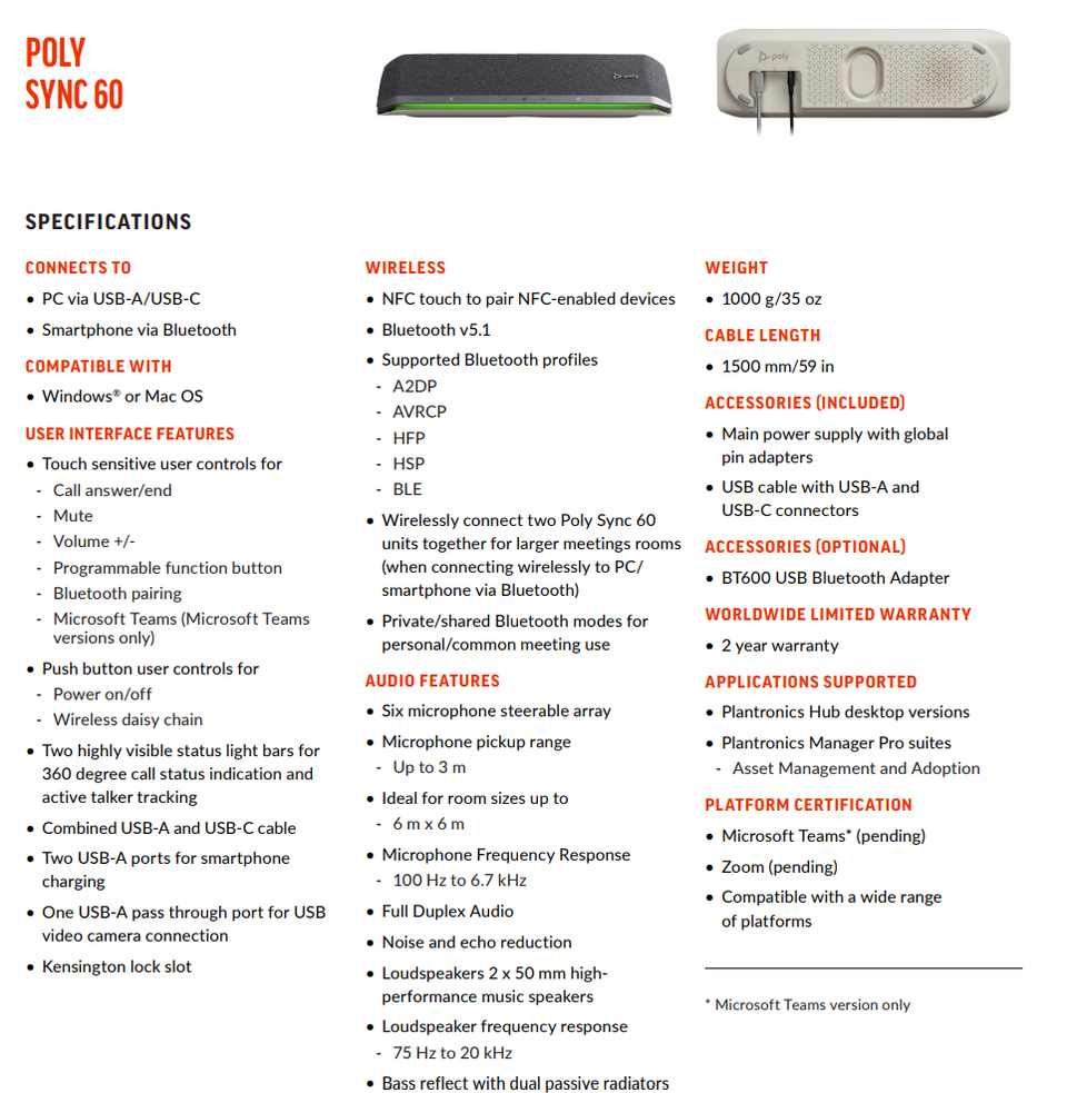 poly sync60 teams smart speakerphone for conference rooms 216873-01