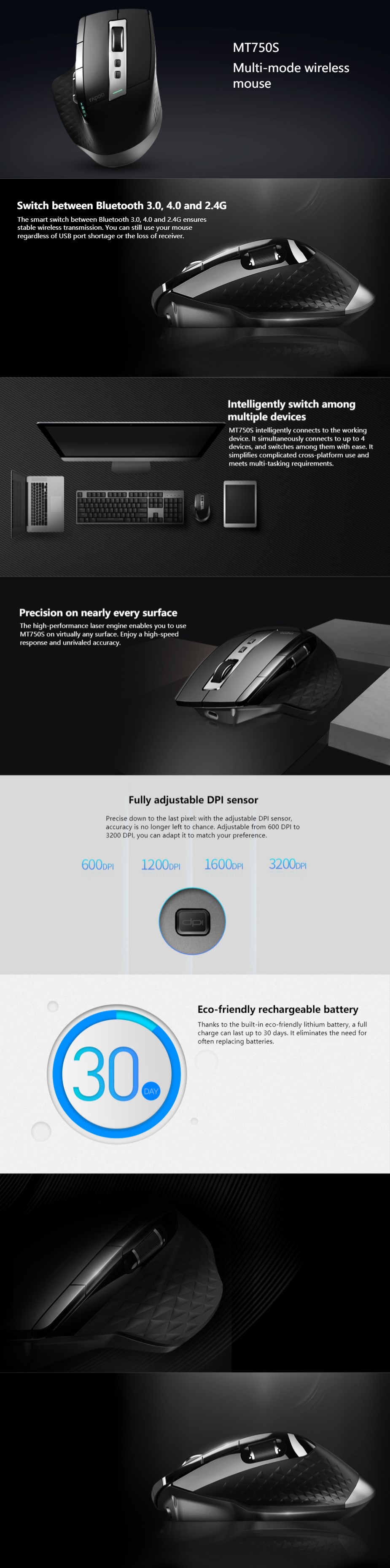 Rapoo MT750S Wireless Bluetooth Laser Mouse - Overview 1