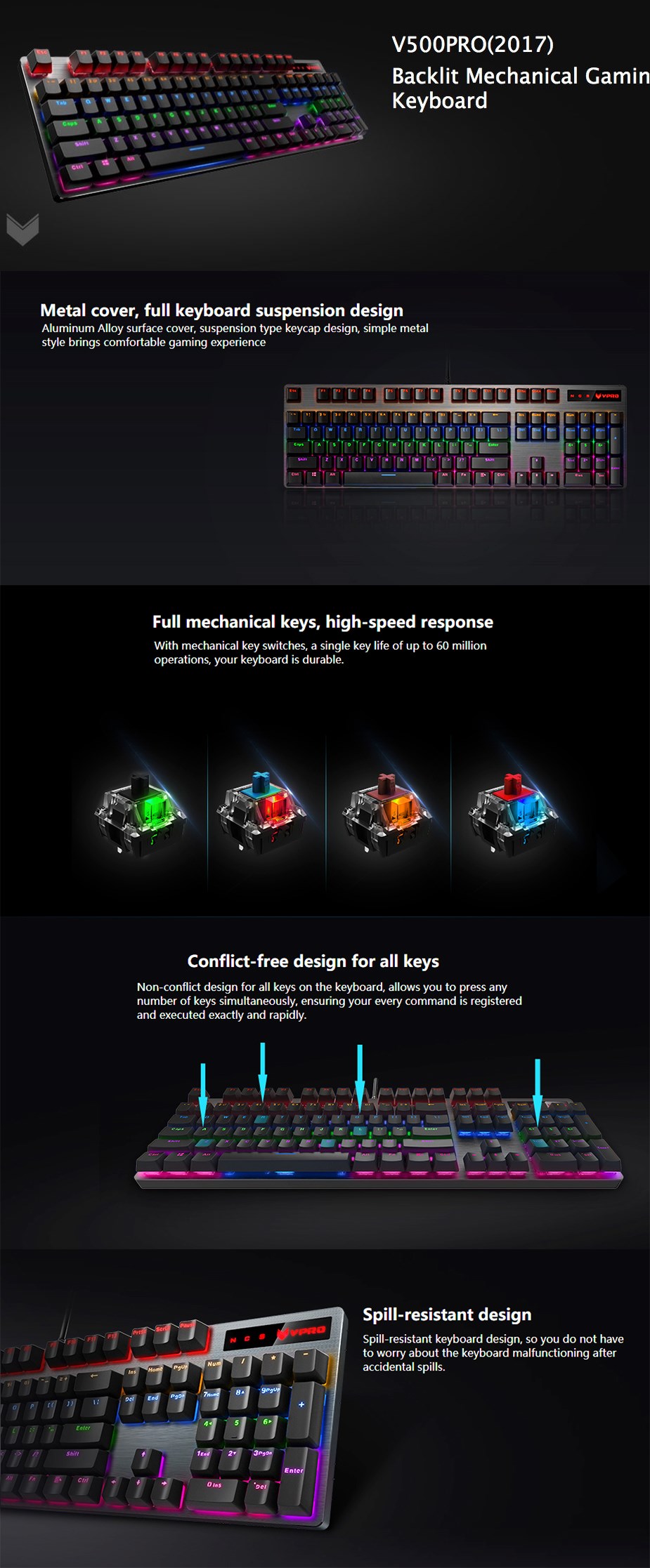 Rapoo V500pro Backlit Mechanical Gaming Keyboard - Blue Switch - Overview 1