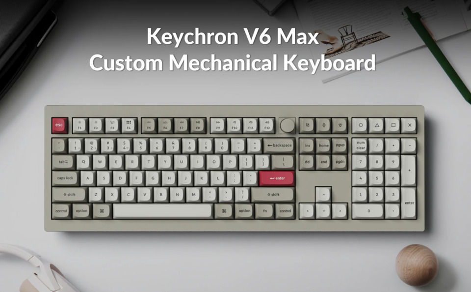 keychron v6 max qmkvia rgb red-mechanical wireless gaming keyboard retro white