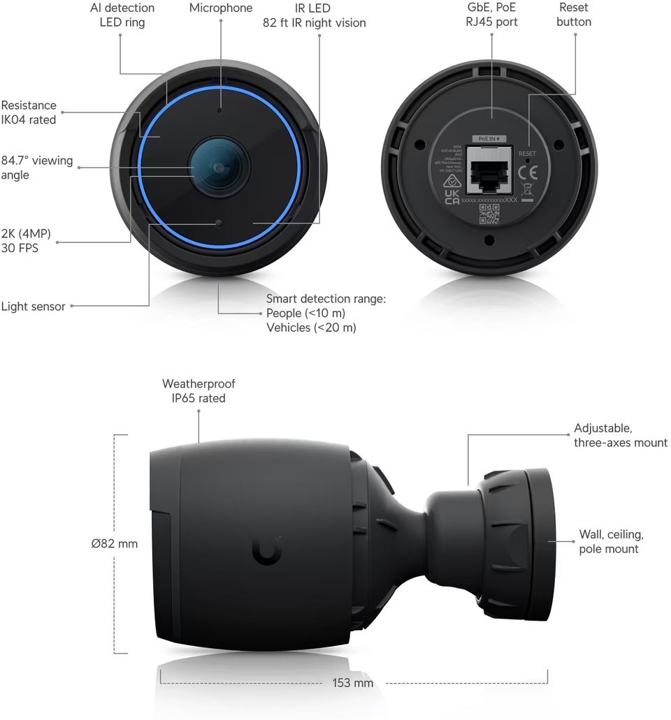 ubiquiti uvc-ai-bullet indooroutdoor 2k poe night vision camera