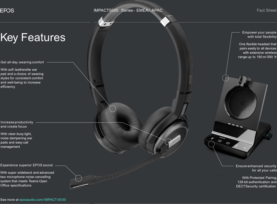 epos impact sdw 5066t wireless bluetooth stereo headset with stand for teams