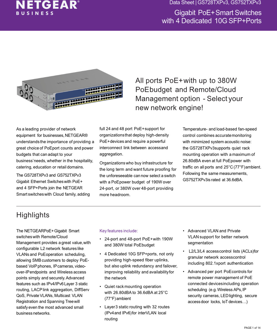 48 port netgear gs752txpv3 gigabit poe smart switch with 4 sfp ports