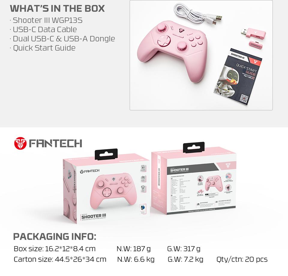 fantech shooter iii wireless hall-effect multi-platform gaming controller pink