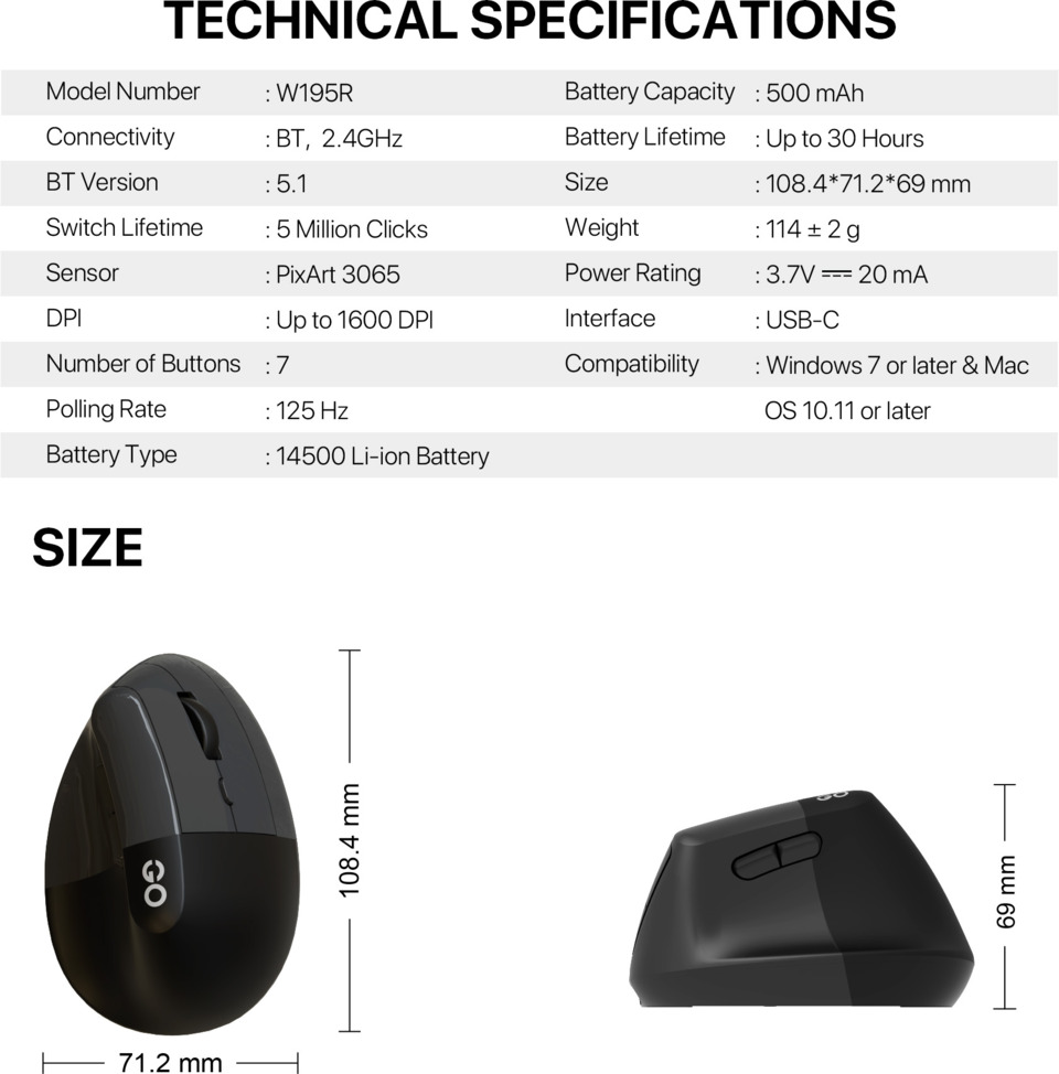 fantech go comfy w195r vertical ergonomic rechargeable wireless mouse grey