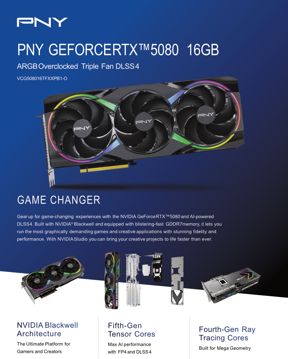 pny rtx 5080 argb epic-x oc triple fan graphics card