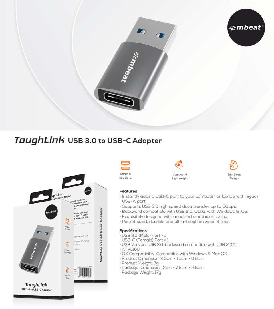 mbeat toughlink usb 30 to usb-c adapter