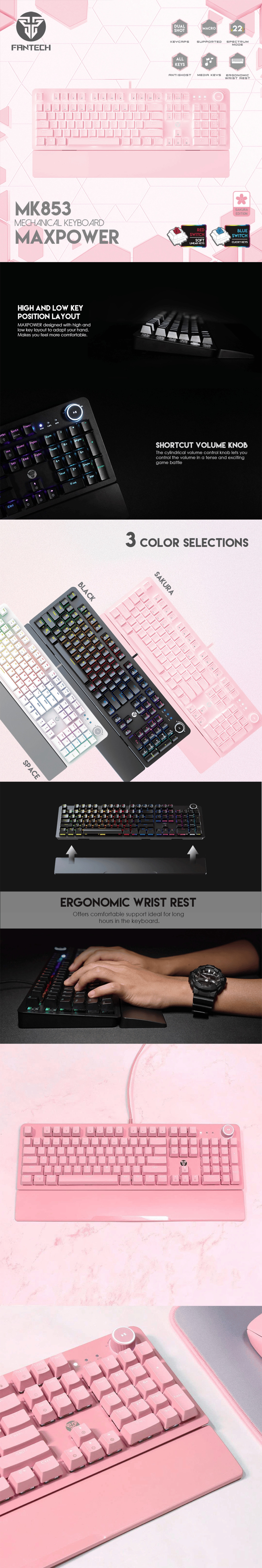 fantech mechanical blue rgb keyboard with wrist rest pink