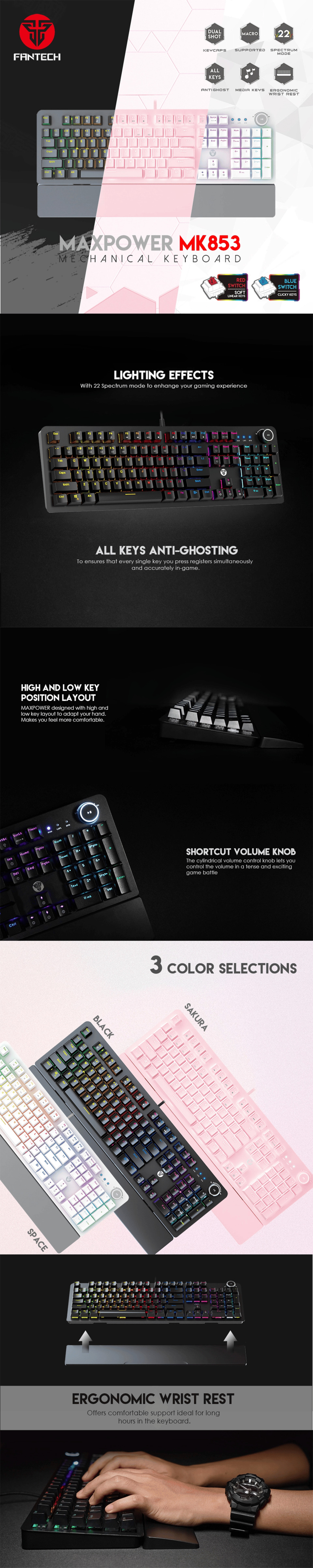 fantech mechanical keyboard rgb backlit with wrist rest - black