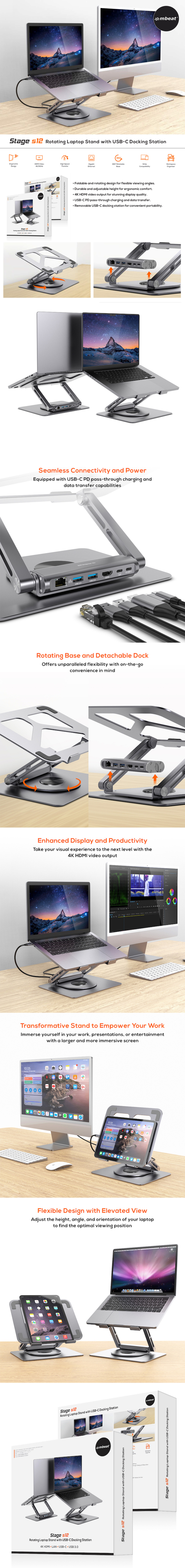 mbeat stage s12 rotating laptop stand with usb-c docking station