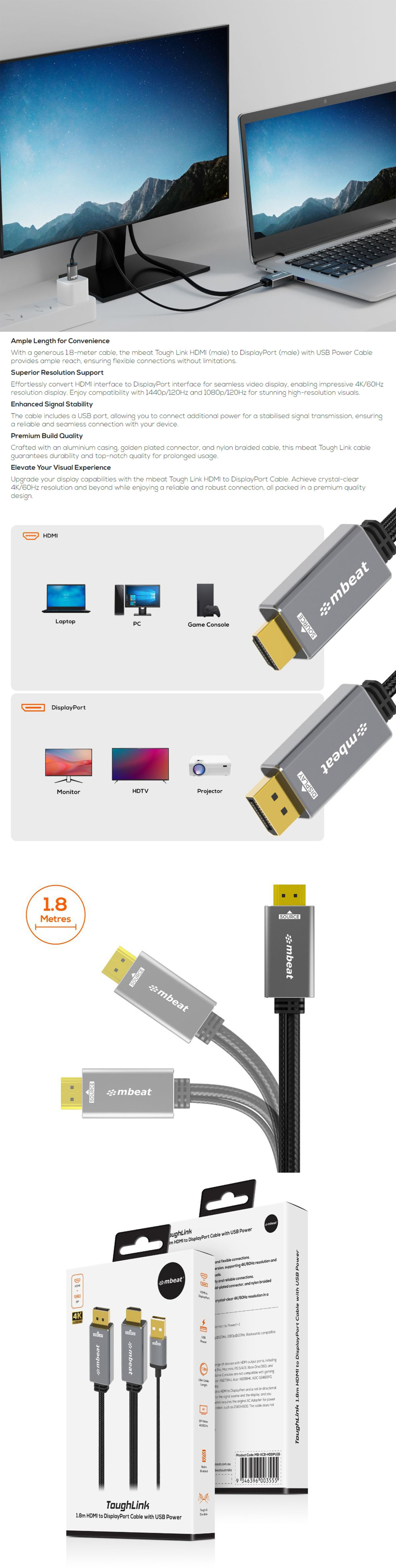 mbeat toughlink 18m hdmi to displayport cable with usb power