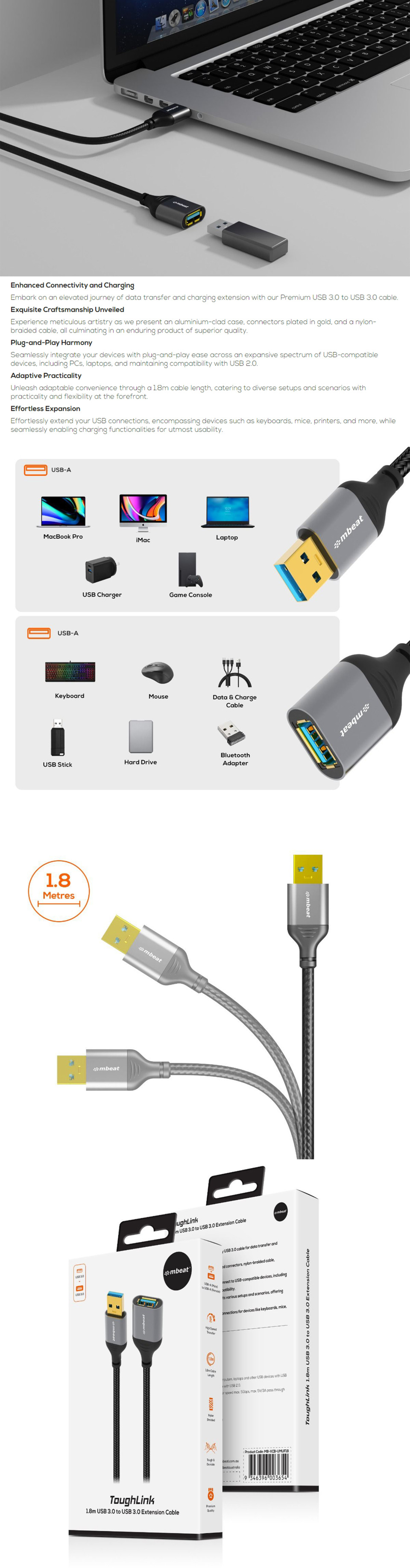 mbeat toughlink 18m usb 30 to usb 30 extension cable