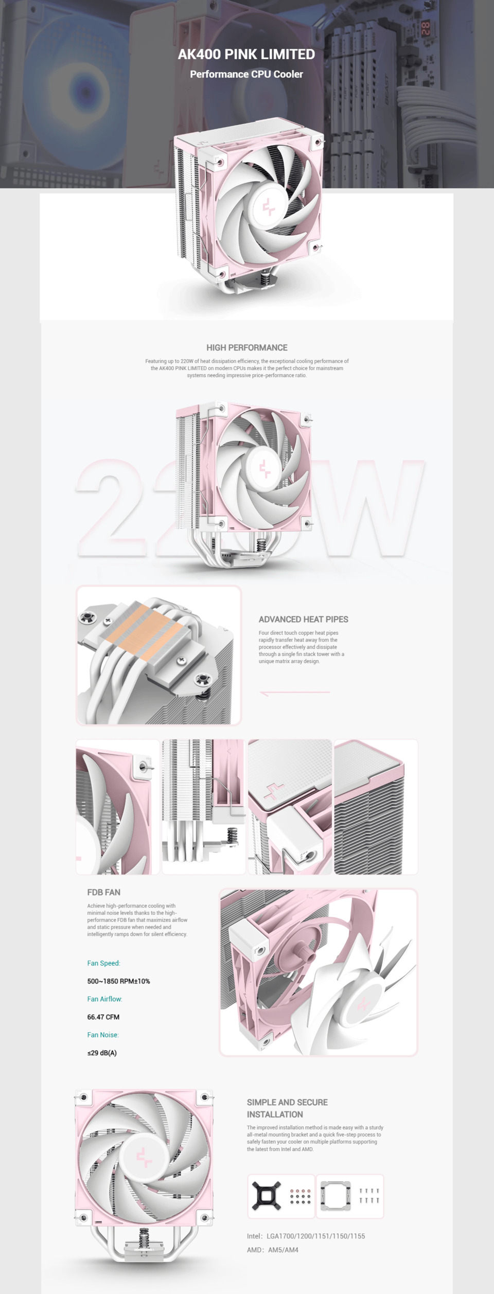 deepcool ak400 pink cpu cooler r-ak400-wpnpmn-g