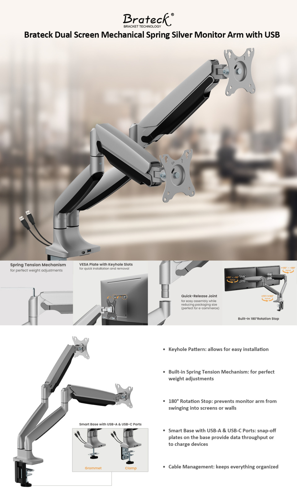 17-45 brateck ldt82-c024uce-sv dual monitor heavy duty spring monitor arm with usb ports