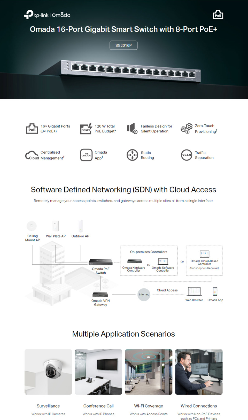 16 port tp-link sg2016p omada 16-port gigabit smart switch with 8-port poe
