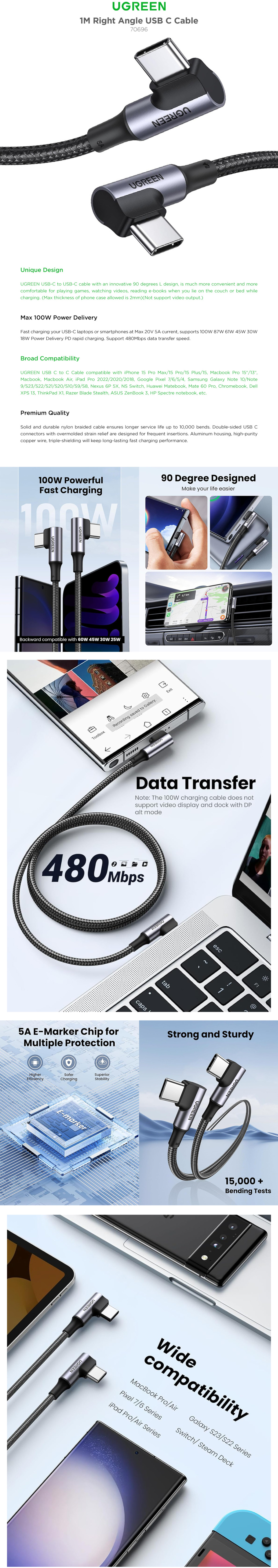 1 metre ugreen 90 degree usb-c to 90 degree usb-c 100w braided cable