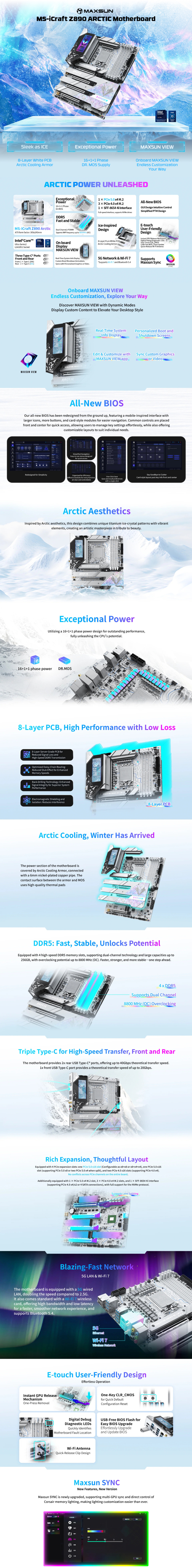 maxsun icraft z890 arctic wifi 7 ddr5 white motherboard