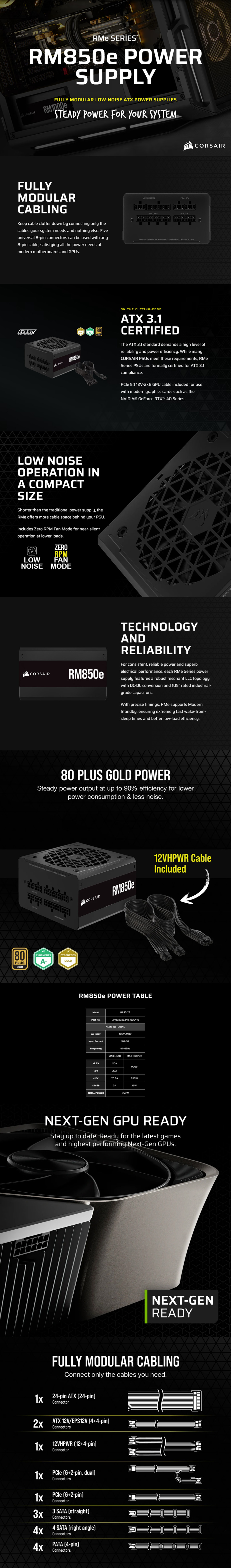 850 watt corsair rm850e 80 plus gold atx 31 power supply