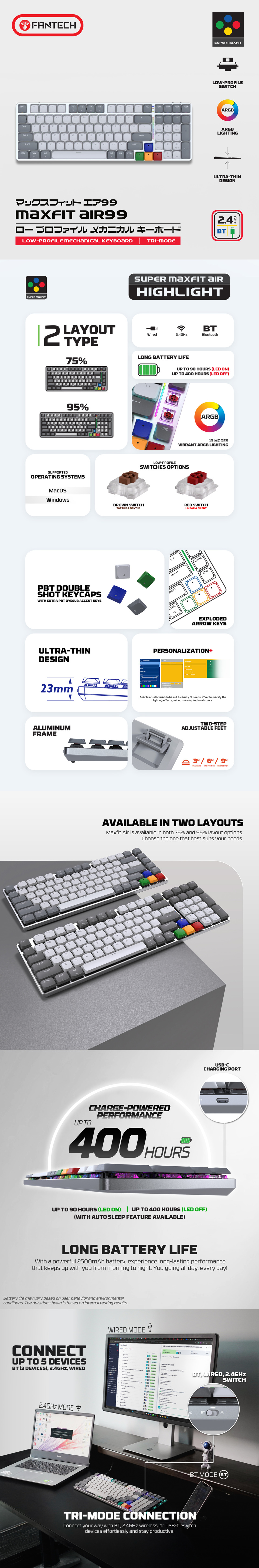 fantech mk916 super maxfit 95 low profile wireless tactile keyboard