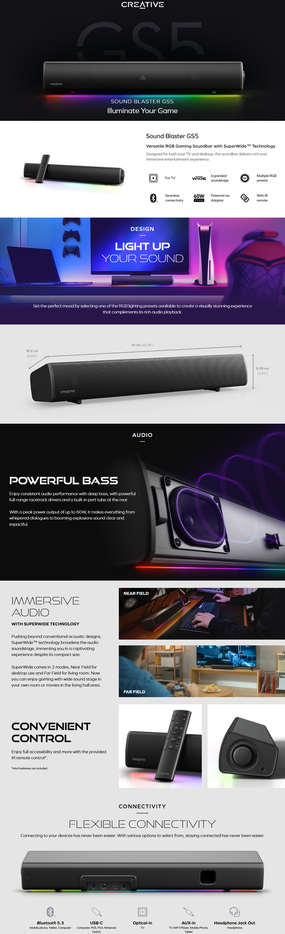 creative sound blaster gs5 rgb gaming soundbar with superwide technology