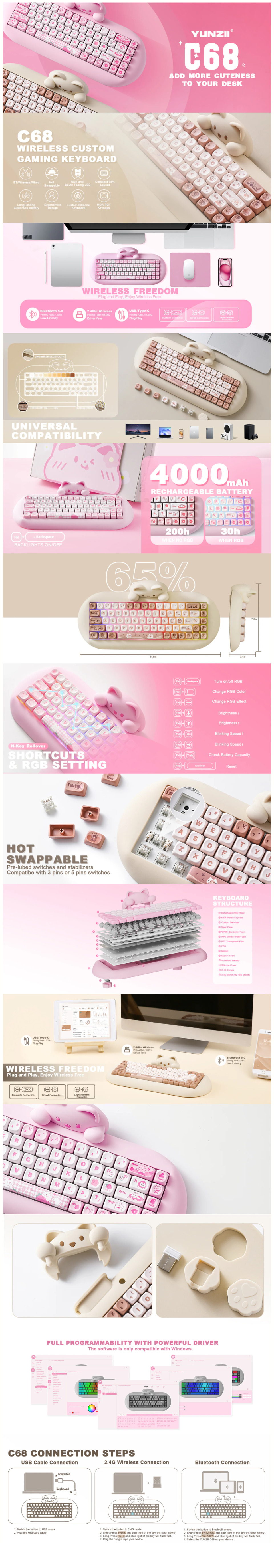 yunzii c68 meow wireless linear mechanical keyboard pink