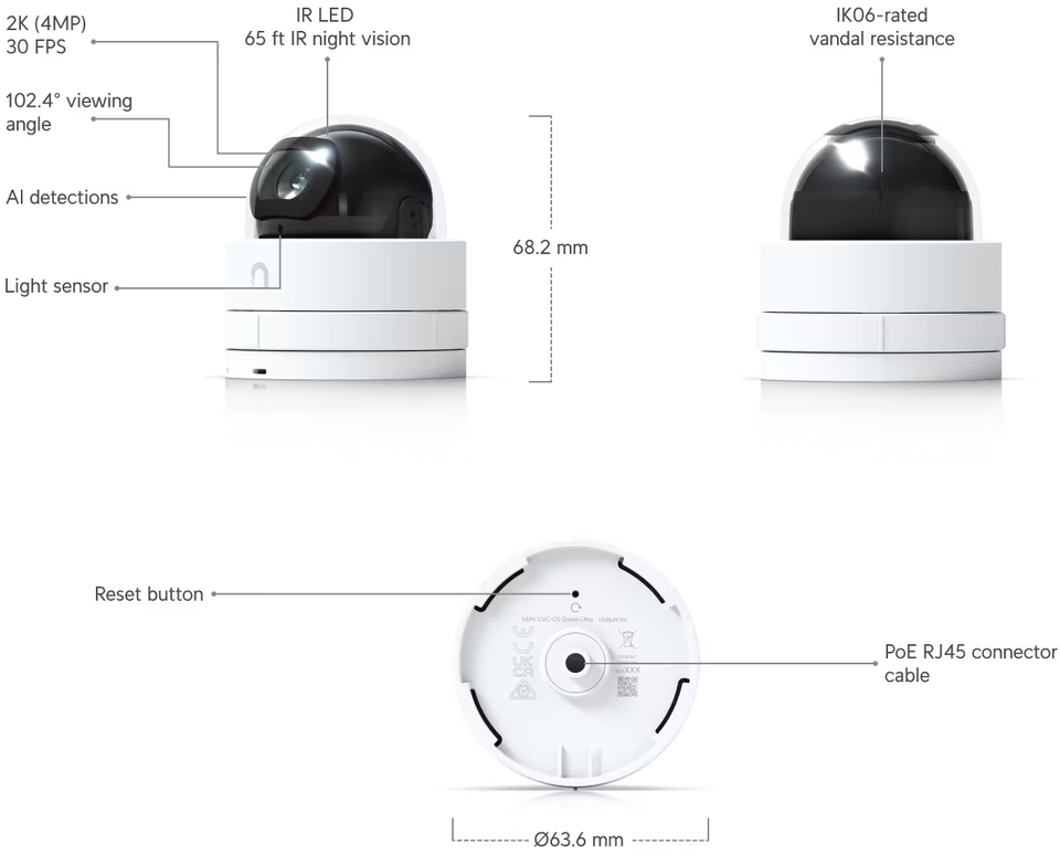 ubiquiti uvc-g5-dome-ultra 2k poe camera with night vision