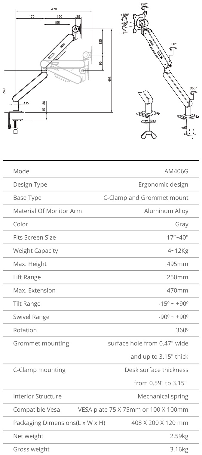 1740 aoc am406g mechanical spring monitor arm