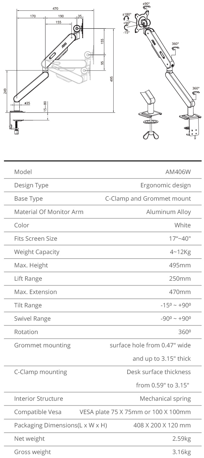 1740 aoc am406w mechanical spring monitor arm white