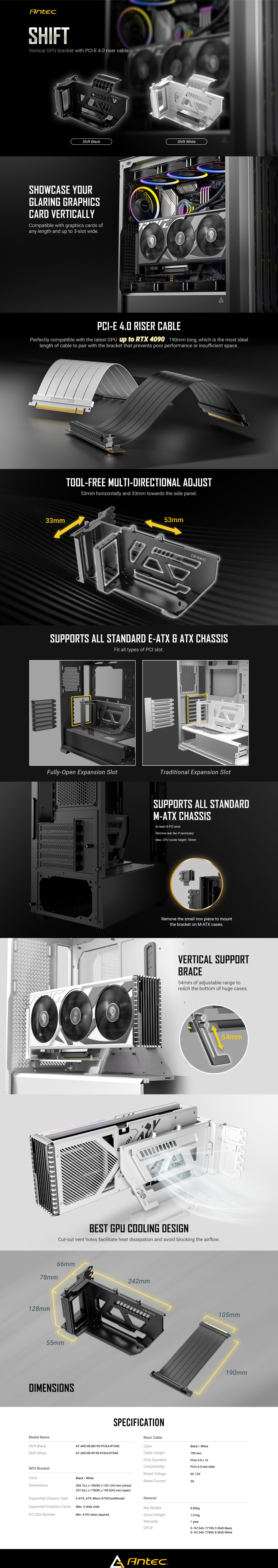 antec shift adjustable vertical gpu bracket with pcie 40 riser cable