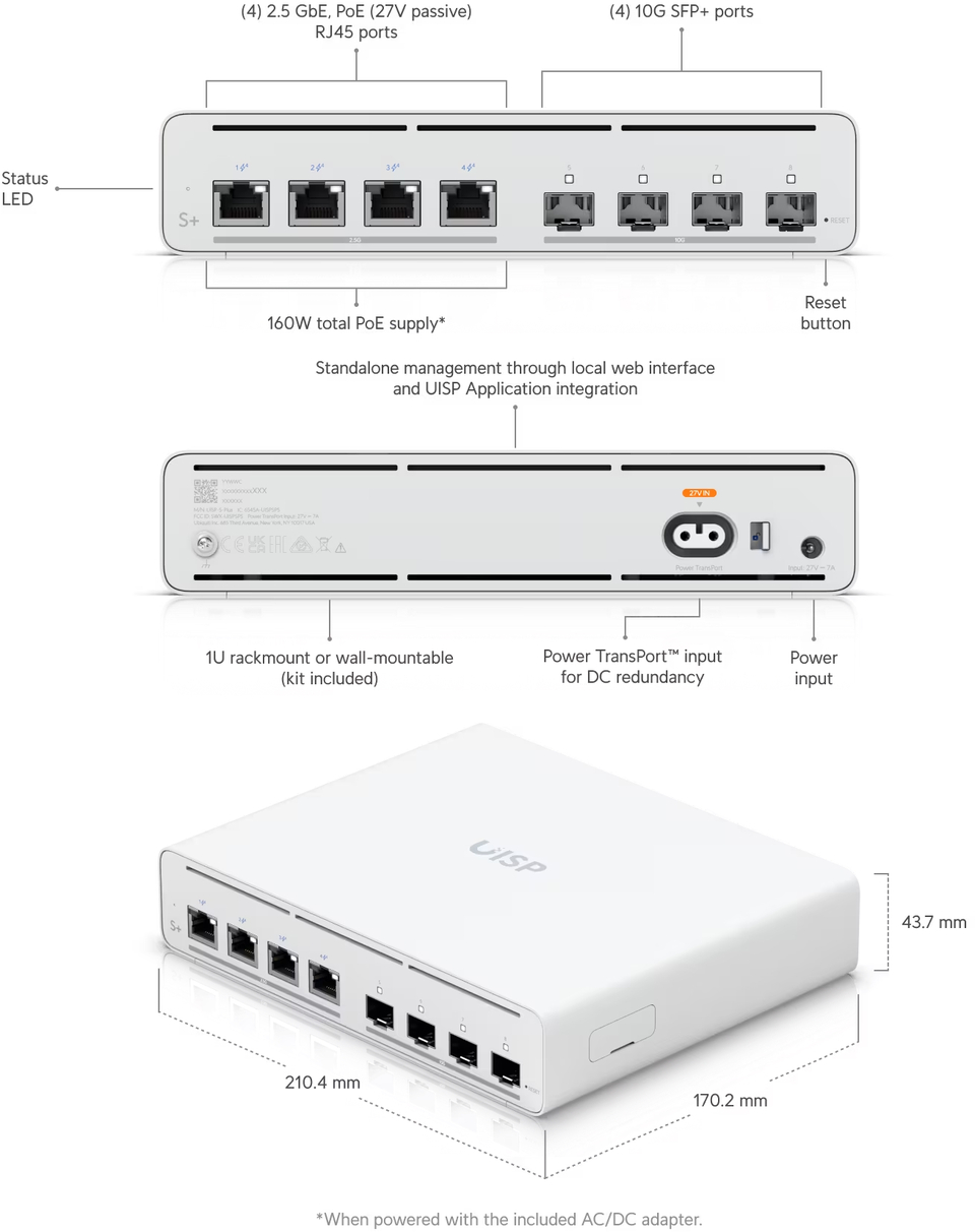 8-port ubiquiti uisp-s-plus 25gbe poe switch with 10g sfp