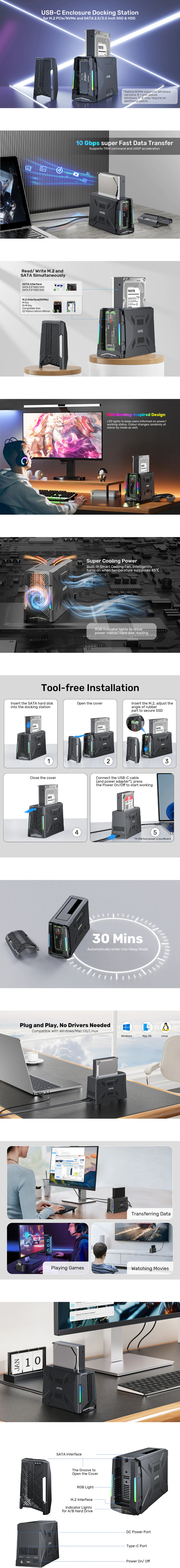 unitek usb-c 10gbps to m2 ssd  sata hard drive docking station with rgb