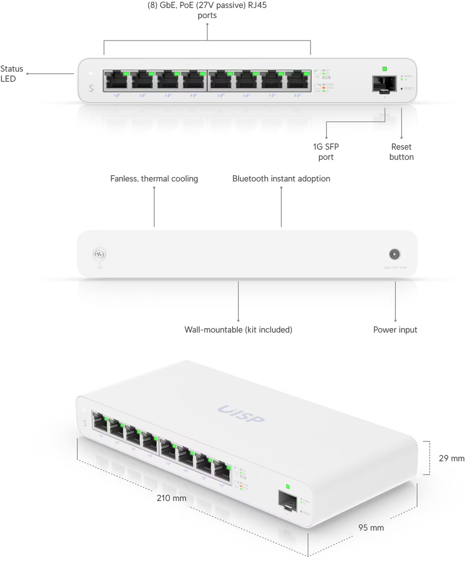 8-port ubiquiti uisp-s layer 2 gigabit switch with poe