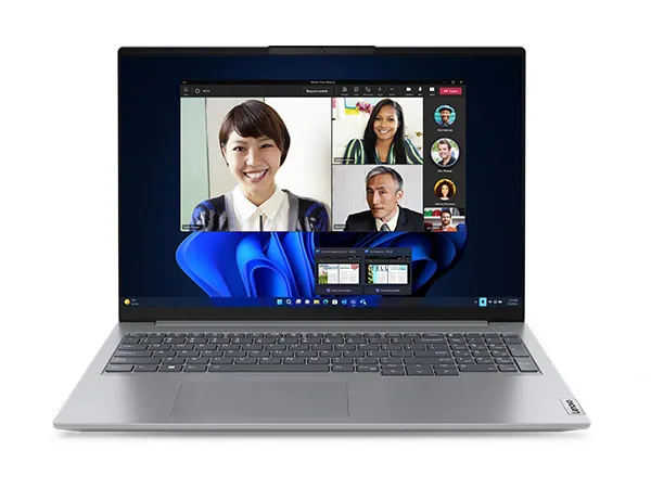 Front-facing Lenovo ThinkBook 16 Gen 6 laptop with a video call on the display.