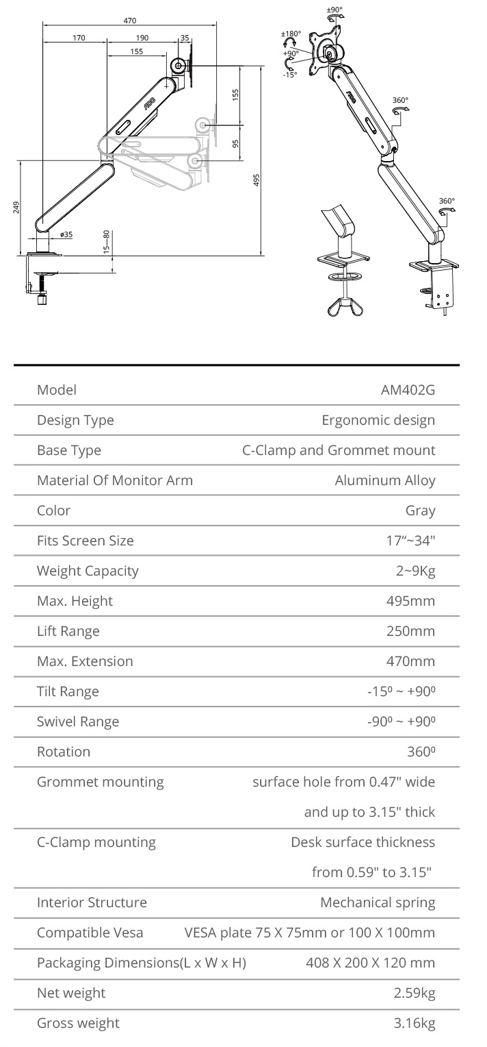 1734 aoc am402g mechanical spring monitor arm