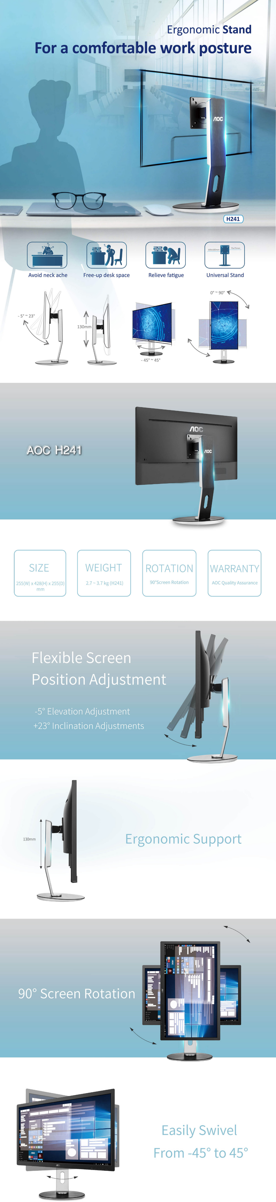 aoc h241 ergonomic adjustable vesa monitor stand