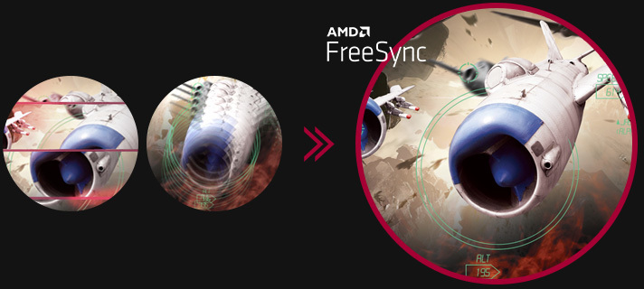 Clear gaming image with seamless, fluid movement when AMD FreeSync™ is on, while screen stuttering and tearing occur when AMD FreeSync™ is off. 