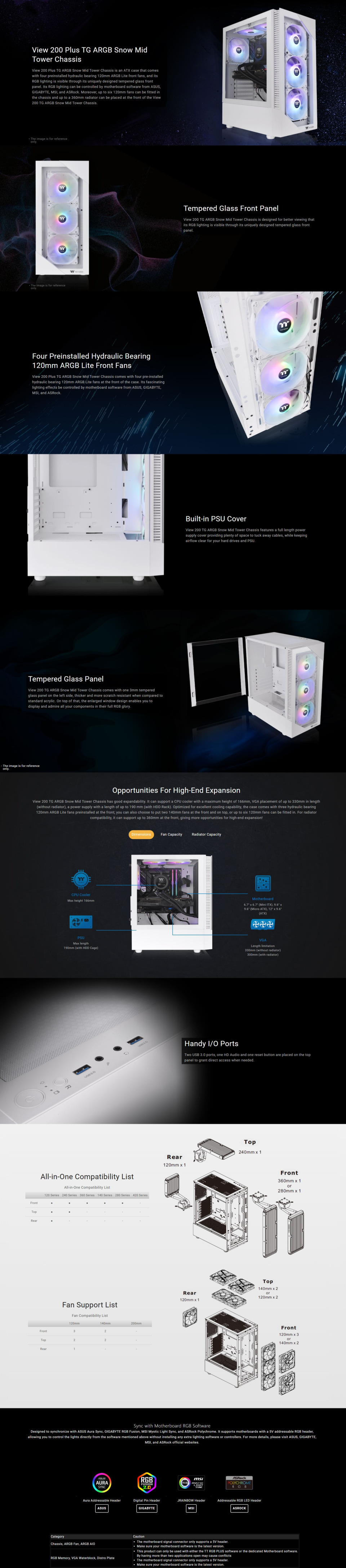 thermaltake view 200 plus argb tempered glass mid tower case snow edition