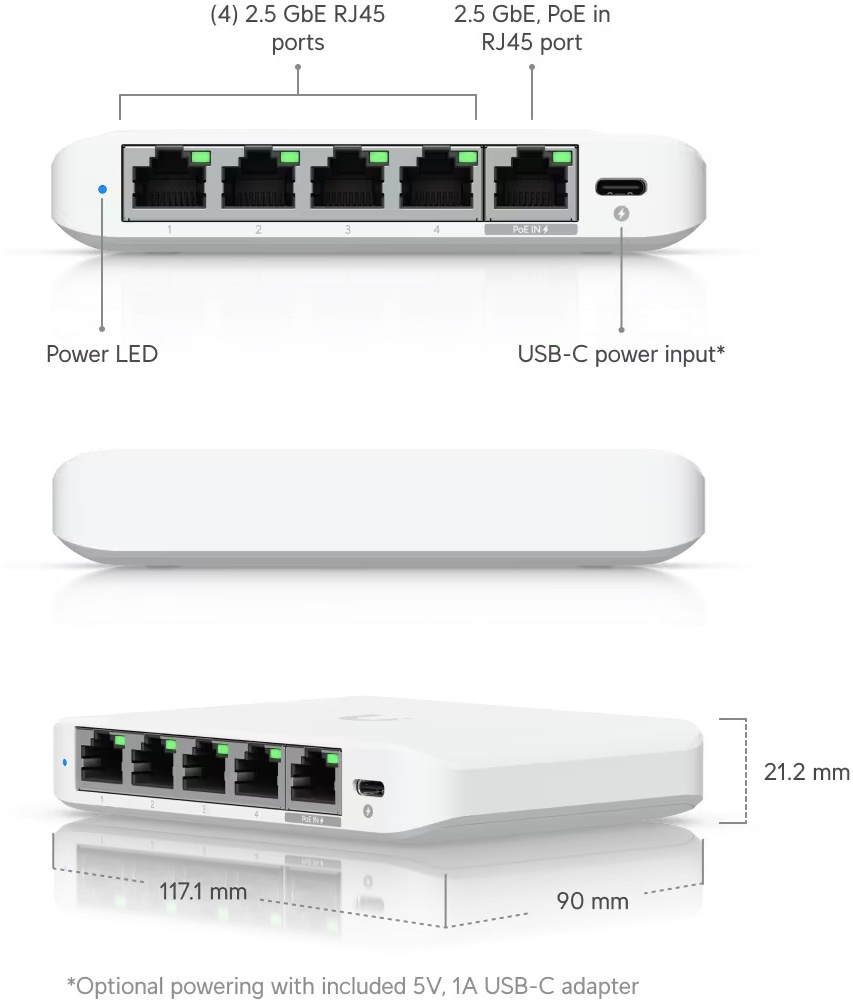 5-port ubiquiti usw-flex-25g-5 flex mini 25g compact switch