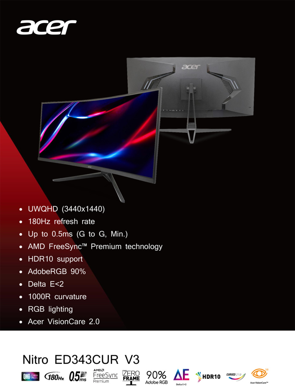 34 acer ed343curv3 uwqhd 180hz va freesync curved monitor