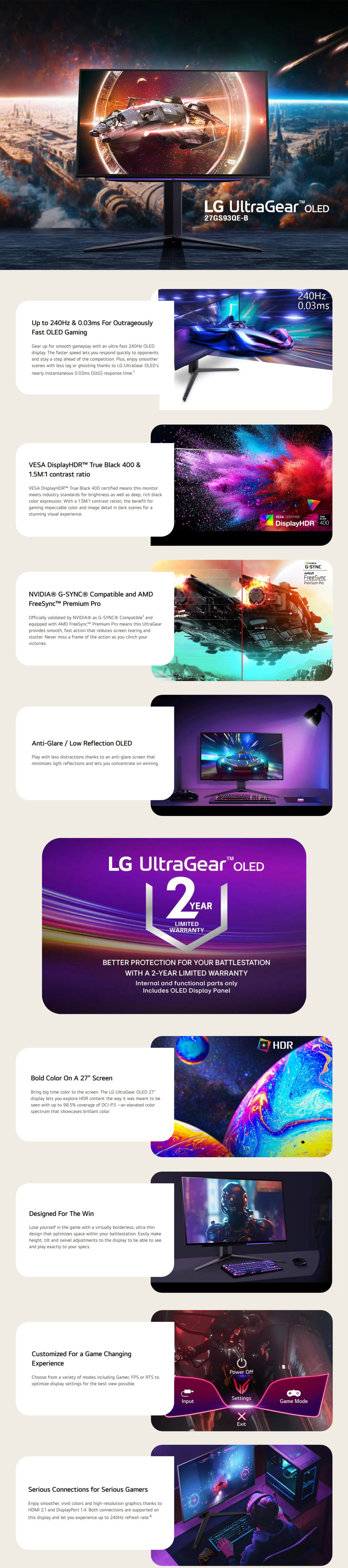 27 lg ultragear 27gs93qe-b qhd 240hz oled gaming monitor