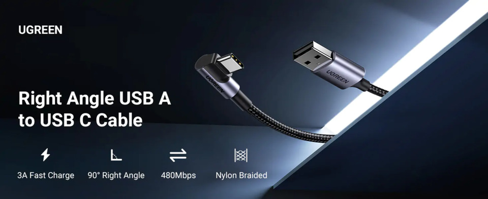 2 metre ugreen 90 degree usb-c to usb-a 20 18w braided cable