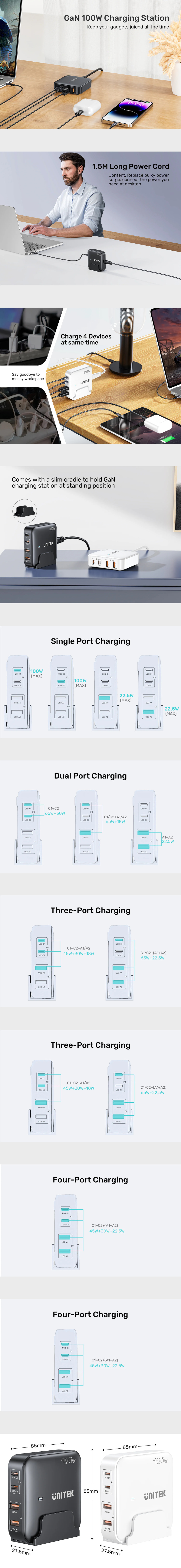 unitek 100w desktop gan charging station with 2x100w usb-c and 2x225w usb-a black