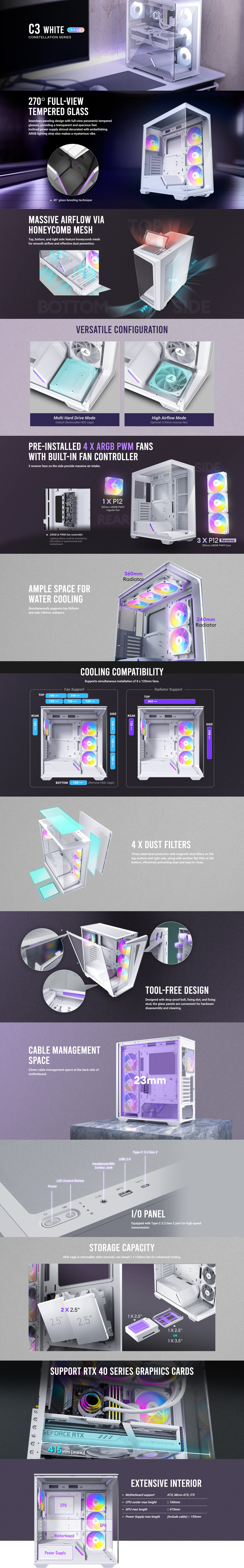 antec c3 argb white constellation series mid tower atx case