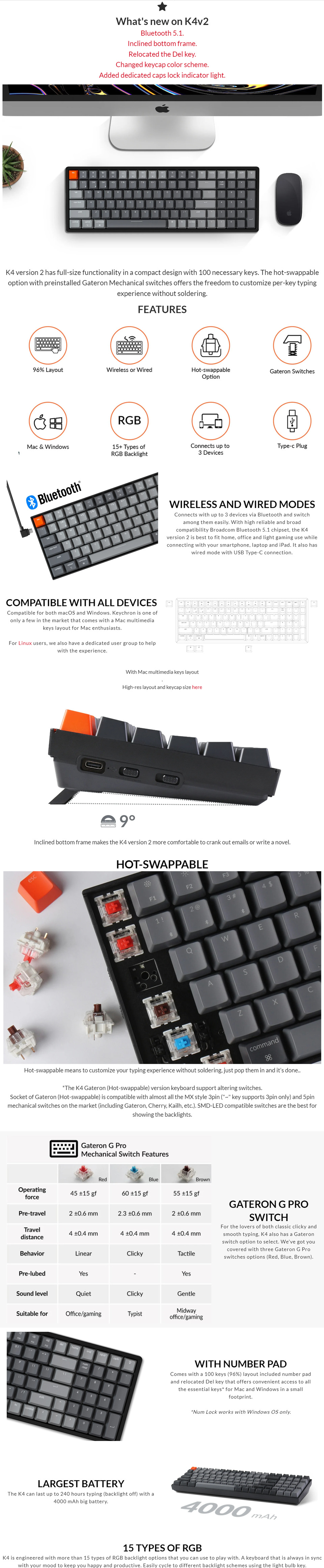 keychron k4 wireless gateron g pro-red mechanical keyboard v2