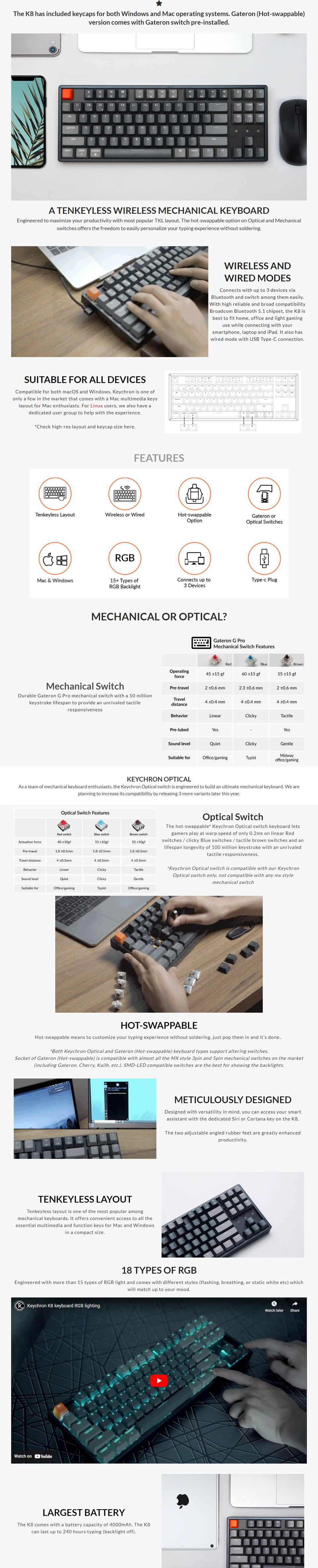 keychron k8 wireless rgb gateron g pro-red mechanical keyboard