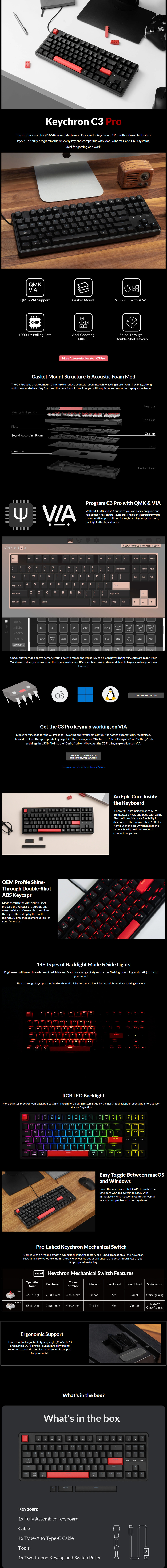 keychron c3 pro qmkvia rgb wired keychron-red mechanical keyboard black