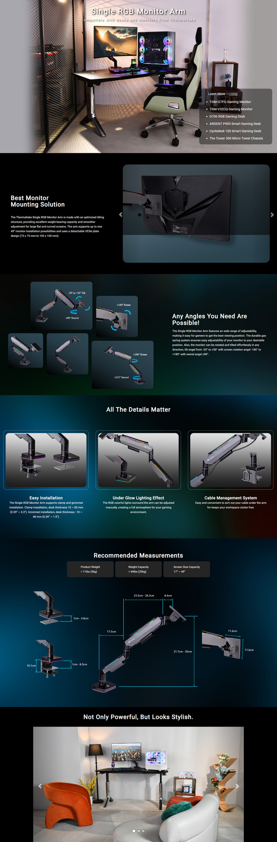 17-49 thermaltake single monitor gaming gas spring rgb arm