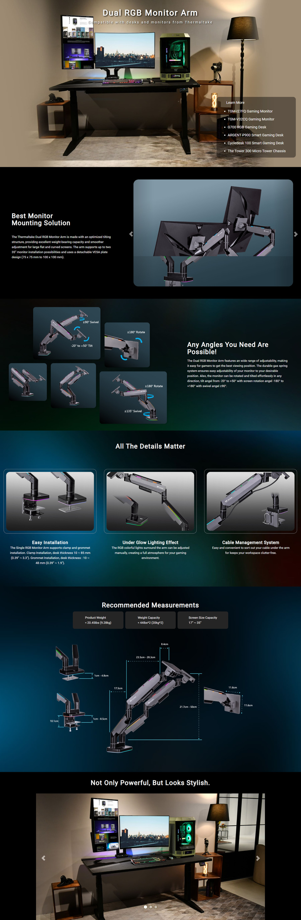 17 - 35 thermaltake gaming gas spring dual rgb monitor arm